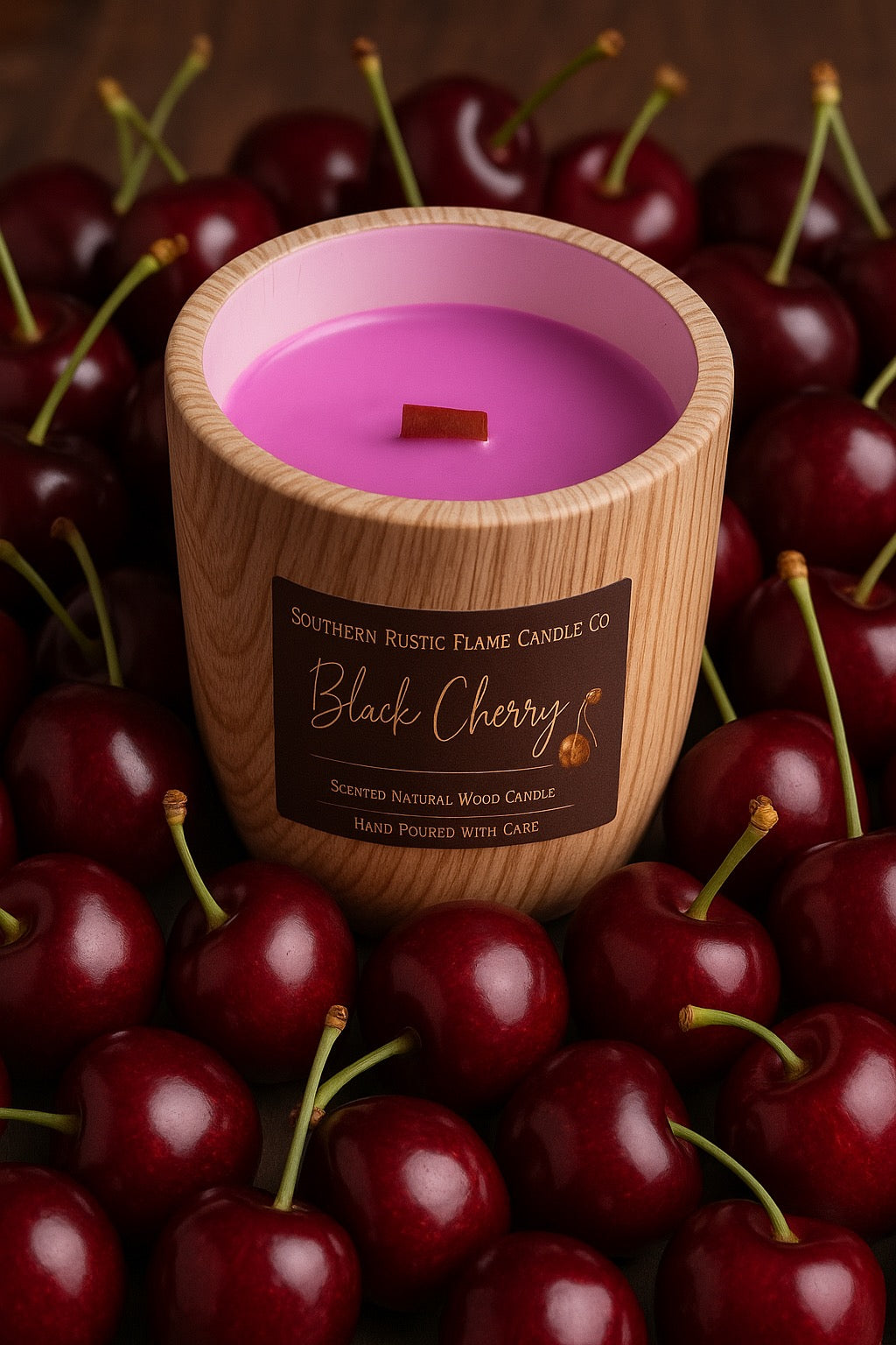 Black Cherry-11oz-Hand-Poured-Wood Grain Ceramic Candle-Southern Rustic Flame Candle