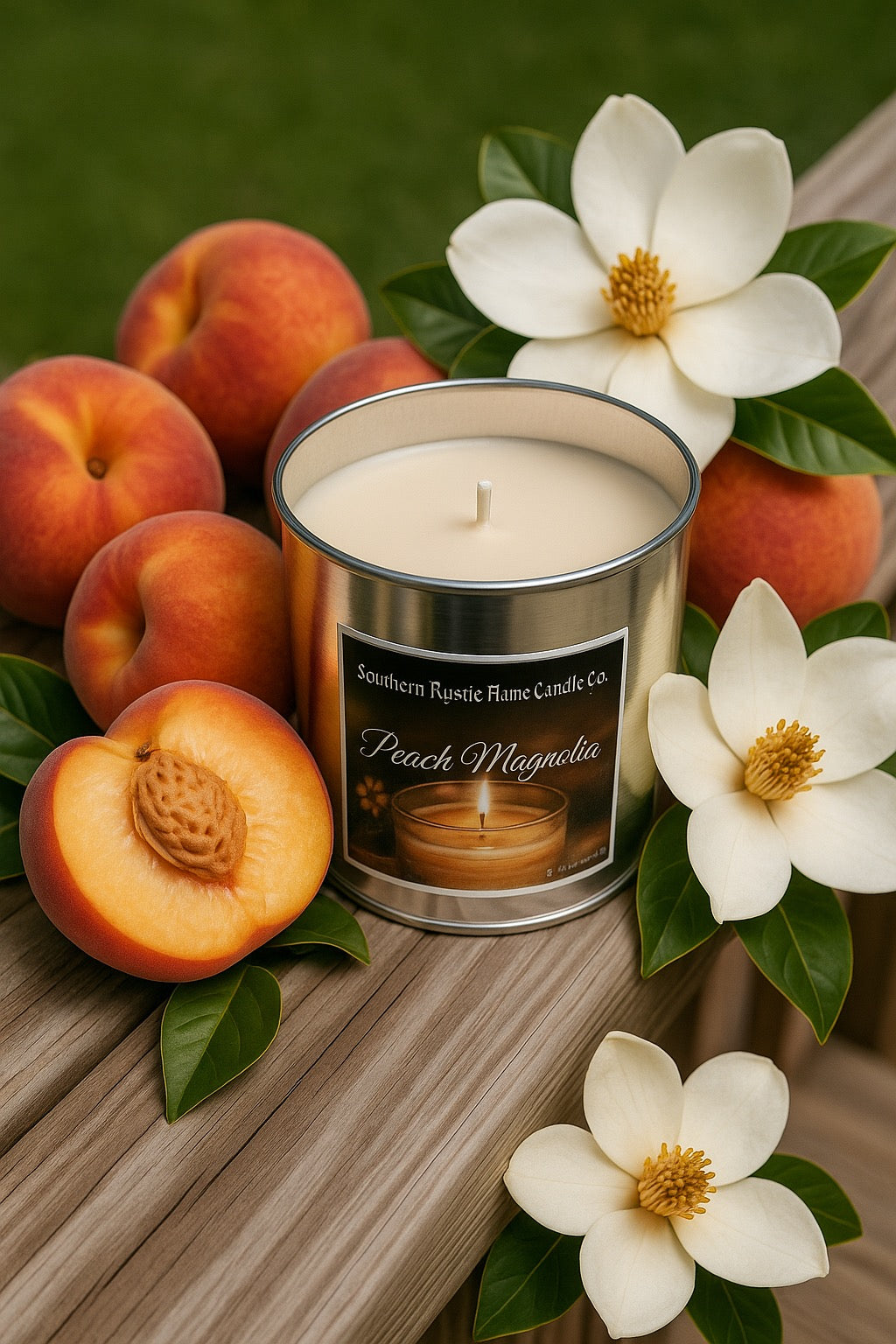 Peach Magnolia-7.5oz-Tin-Hand-Poured Scented Candle-Southern Rustic Flame Candle