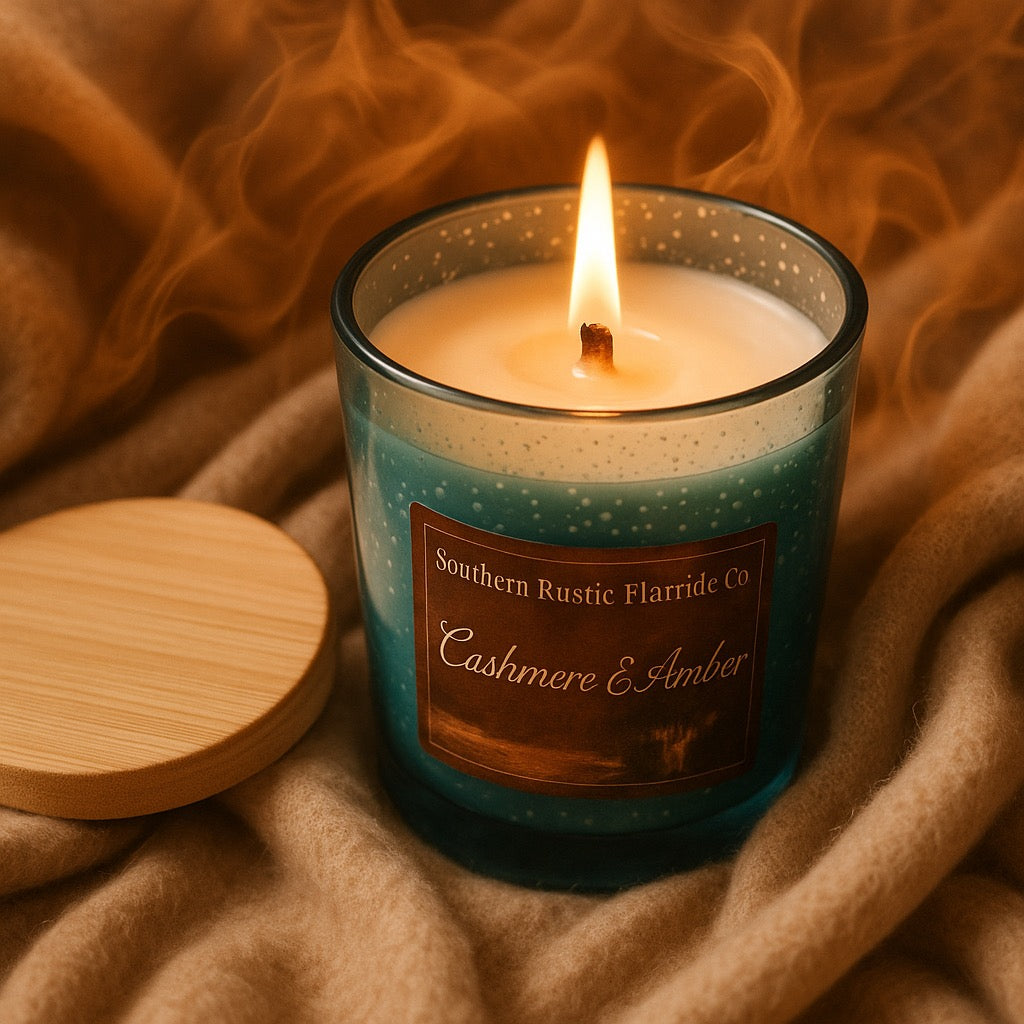 Cashmere & Amber-10oz-Mercury Blue-Hand-Poured Scented Candle-Southern Rustic Flame Candle