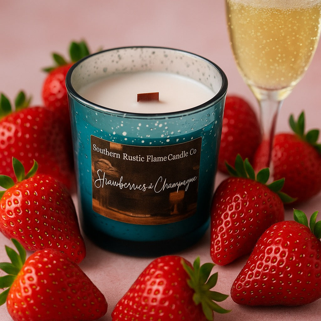 Strawberries & Champagne-10oz-Mercury Blue-Hand-Poured Scented Candle-Southern Rustic Flame Candle