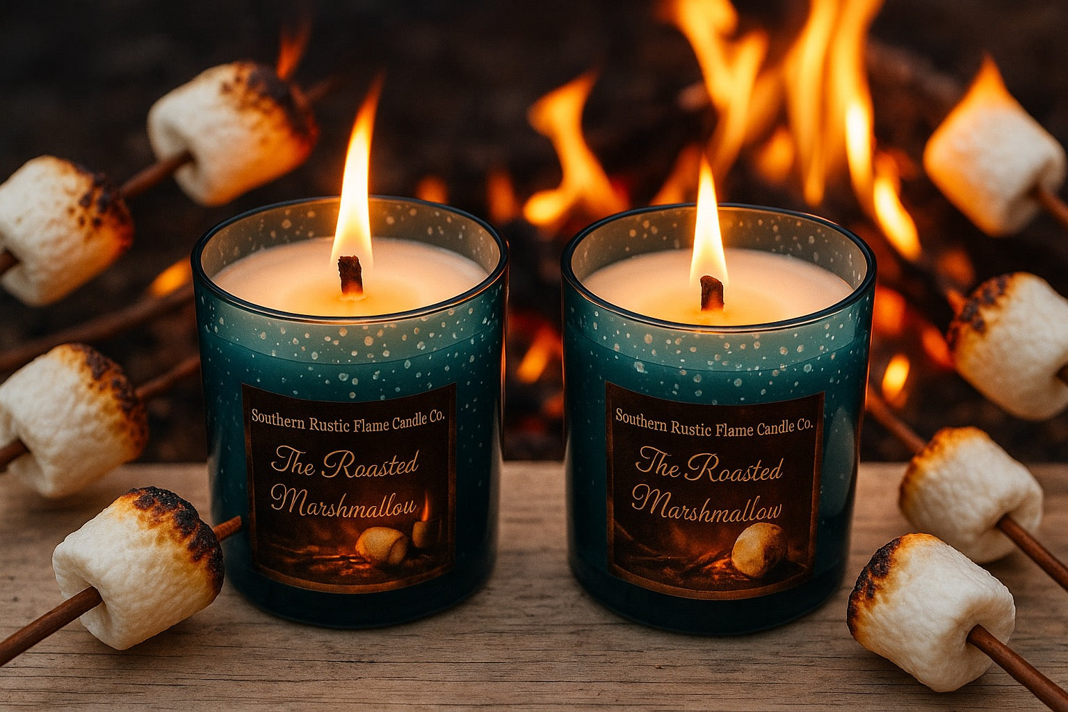 Fire Roasted Marshmallow-10oz-Mercury Blue-Hand-Poured Scented Candle-Southern Rustic Flame Candke