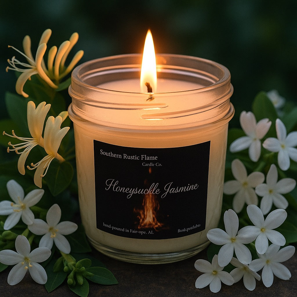 Honeysuckle Jasmine-4oz-Mason Jar-Hand-Poured Scented Candle-Southern Rustic Flame Candle