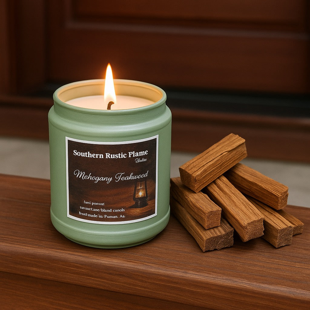 Mahogany Teakwood-9oz-Hand-Poured-Tin Candle-Southern Rustic Flame Candle