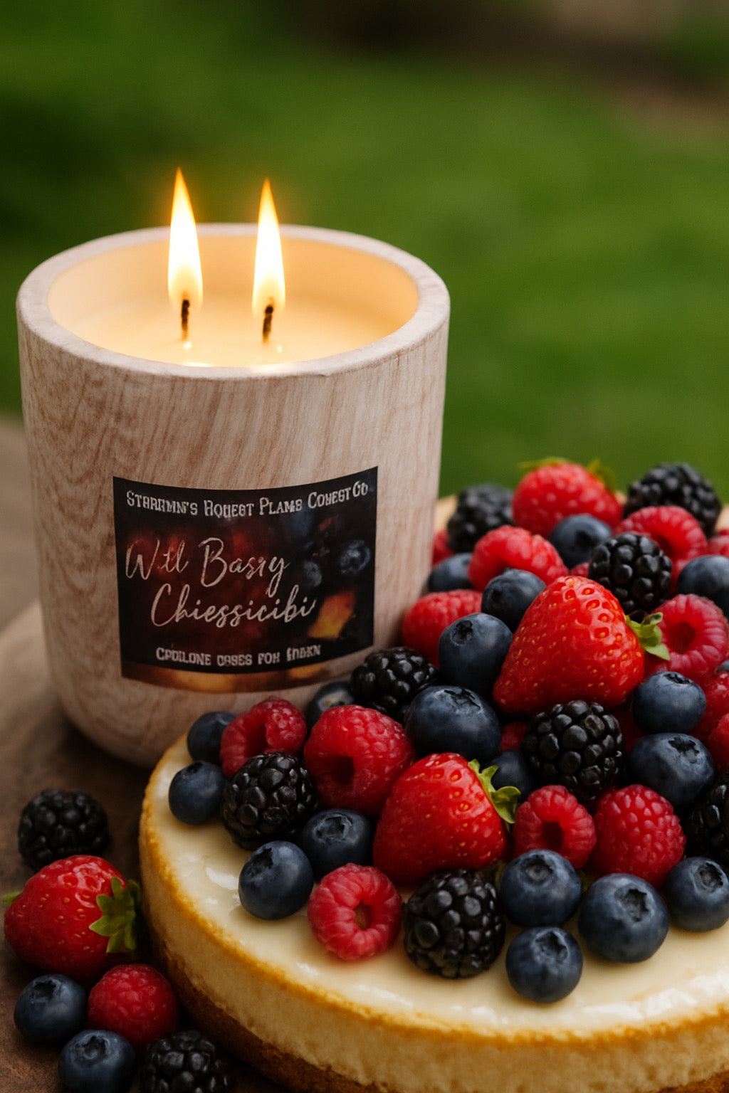 Wild Berry Cheesecake-11oz-Hand-Poured-Wood Grain Ceramic Candle-Southern Rustic Flame Candle