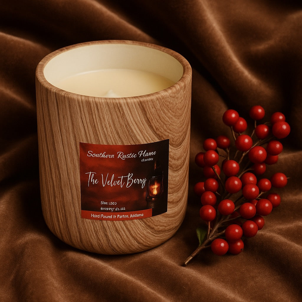 The Velvet Berry-11oz-Hand-Crafted -Wood Grain Ceramic Candle -Southern Rustic Flame Candle