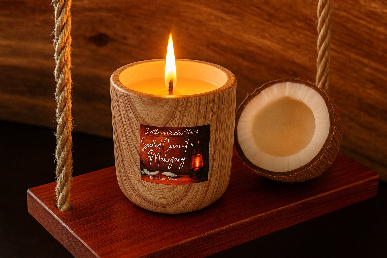 Salted Coconut & Mahogany-11oz-Hand-Poured-Wood Grain Ceramic Candle-Southern Rustic Flame Candle