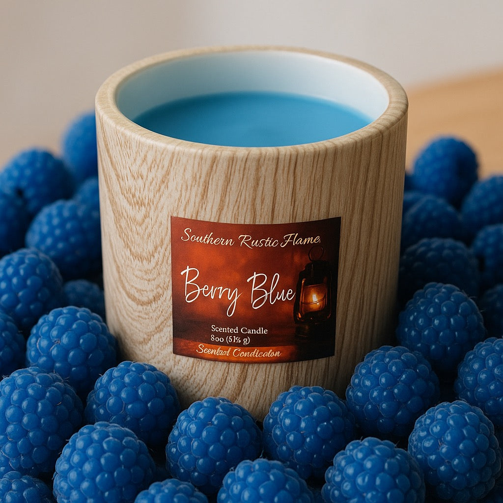 Berry Blue-11oz Hand-Poured Wood Grain Ceramic Candle-Southern Rustic Flame Candle