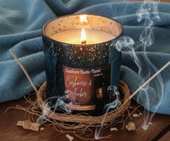 10oz- Lake Blue Mercury Candle- Cashmere & Amber Fragrance- Wooden Wick-Southern Rustic Candle
