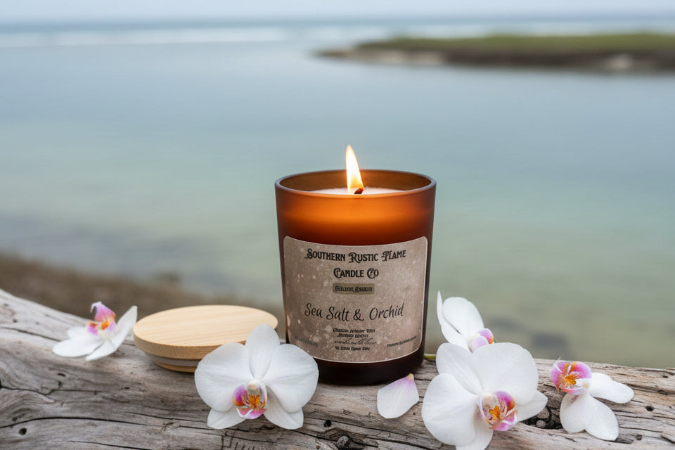 Sea Salt & Orchid-7oz Hand Poured Scented Candle-Wooden Wick-Southern Rustic Candle