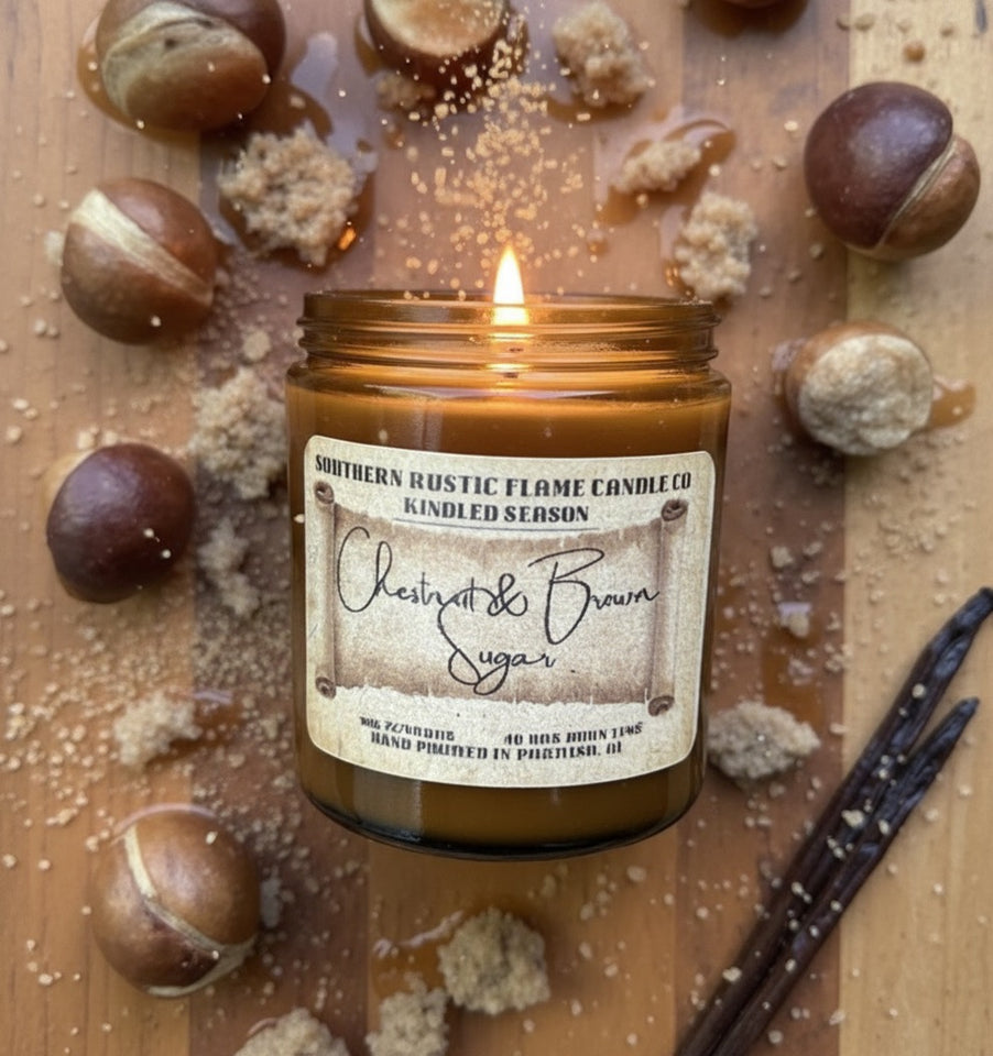 Chestnut & Brown Sugar – 8oz Amber Jar Candle – Cotton Wick