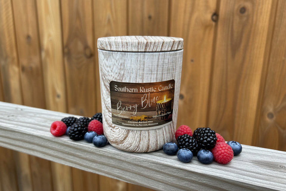 Berry Blue – 11oz Wood Grain Ceramic Candle – Wooden Wick
