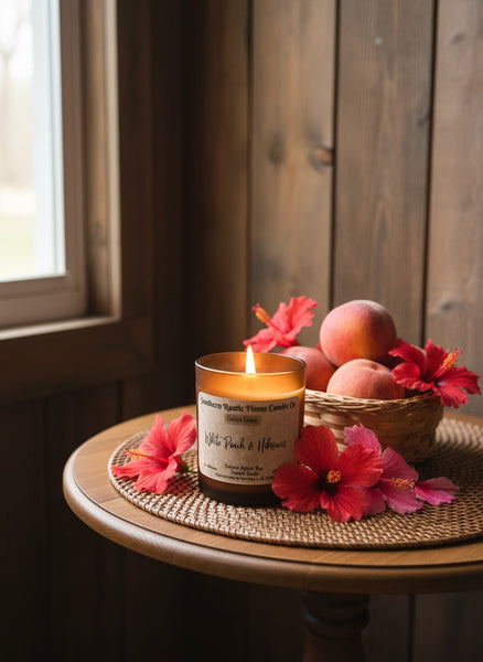 White Peach & Hibiscus-7oz-Hand Crafted Scented Candle-Wooden Wick-Southern Rustic Candle