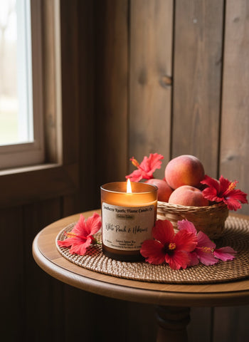 7oz-White Peach & Hibiscus-Handcrafted Scented Candle- Frosted Amber Glass-Wooden Wick