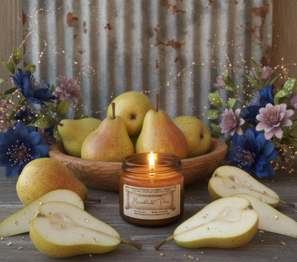 Brandied Pear-2oz-Amber Jar Candle-Wood Wick- Southern Rustic Candle- Kindled season