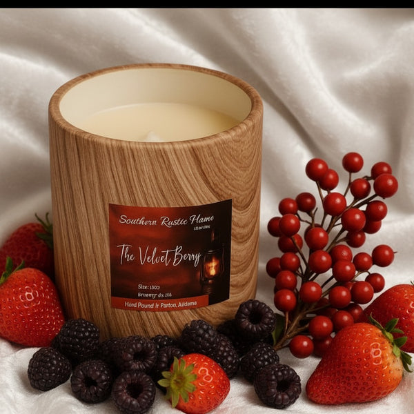 The Velvet Berry – 11oz Wood Grain Ceramic Candle – Cotton Wick