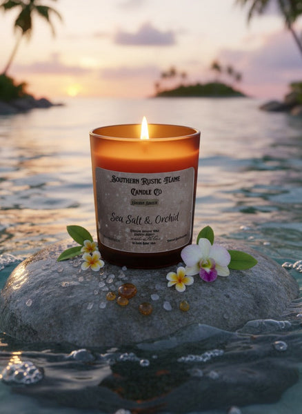 Sea Salt & Orchid-7oz Hand Poured Scented Candle-Wooden Wick-Southern Rustic Candle