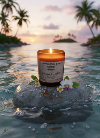 7oz-Sea Salt & Orchid-Hand-Crafted Scented Candle- Frosted Amber Glass/Wooden Wick