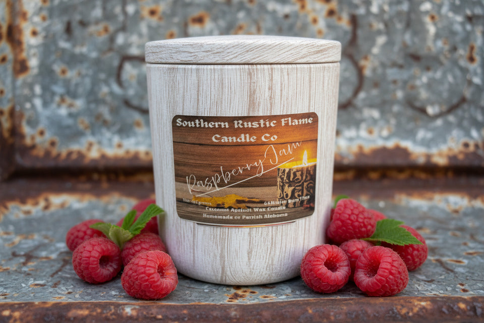 Raspberry Jam – 11oz Wood Grain Ceramic Candle – Double Cotton Wick