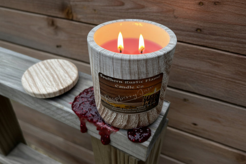 Raspberry Jam – 11oz Wood Grain Ceramic Candle – Double Cotton Wick