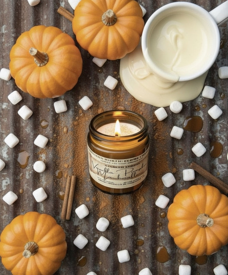 Vanilla Pumpkin Marshmallow – 4oz Amber Jar Candle – Wooden Wick