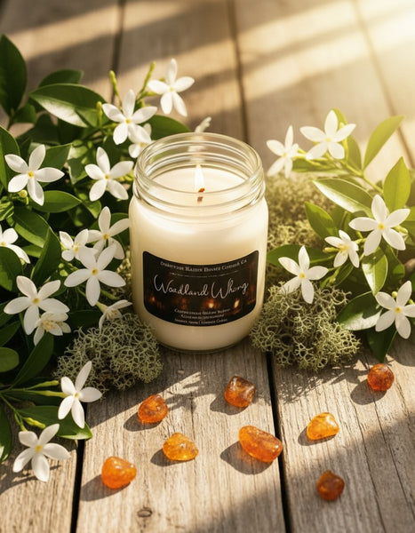 Woodland Whispers-Jasmine Santal Fragrance -3oz-Mason Jar Candle-Cotton Wick-Southern Rustic Candle