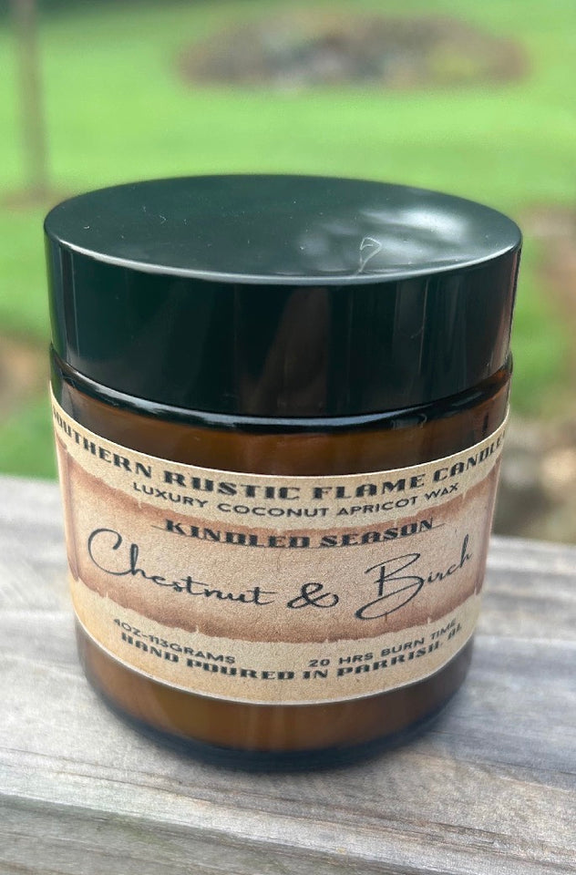 Chestnut & Birch – 4oz Amber Jar Candle – Wooden Wick