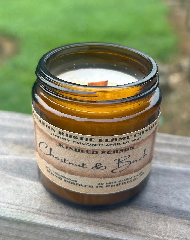 Chestnut & Birch – 4oz Amber Jar Candle – Wooden Wick