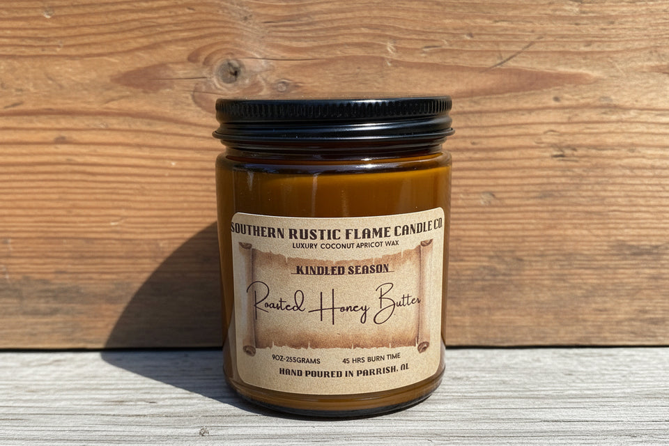 Roasted Honey Butter 9oz Amber Jar Candle-Wood Wick- Southern Rustic Candle