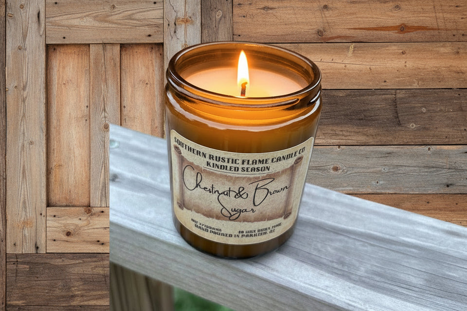 Chestnut & Brown Sugar – 8oz Amber Jar Candle – Cotton Wick
