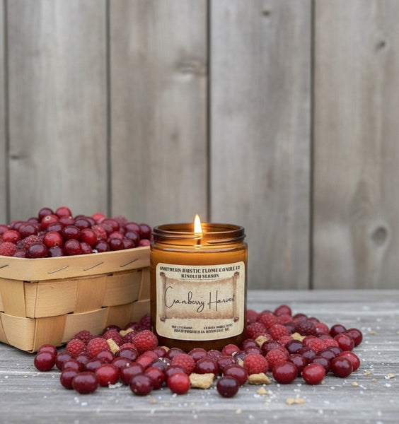 Cranberry Harvest-8oz -Amber Jar Scented Candle-Cotton Wick- Southern Rustic Candle