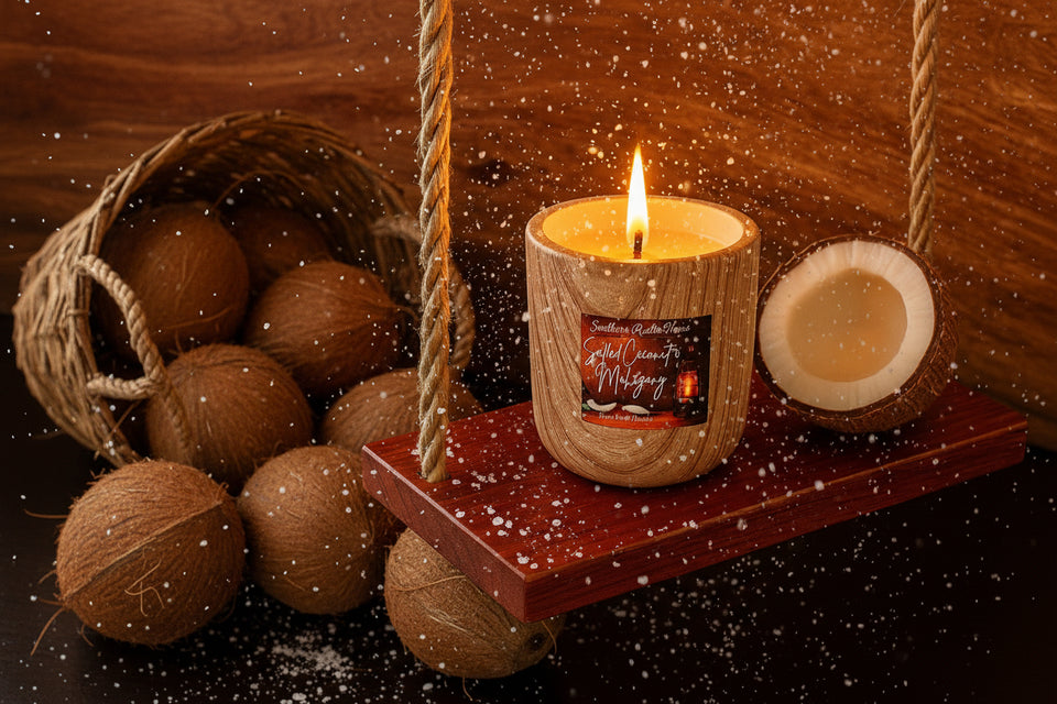 Salted Coconut & Mahogany – 11oz Wood Grain Ceramic Candle – Wooden Wick