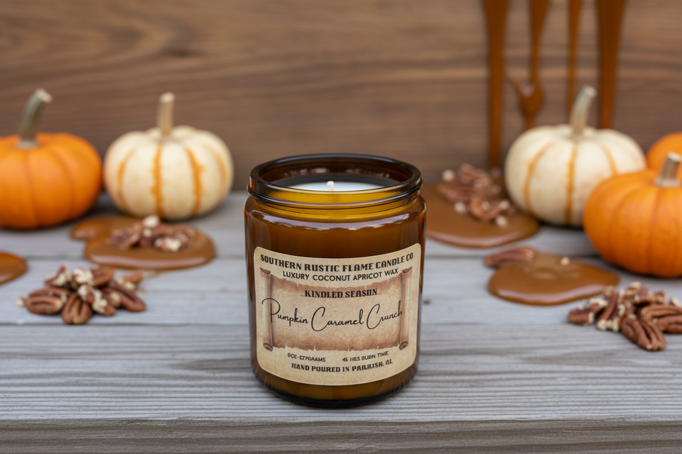 Pumpkin Caramel Crunch – 8oz Amber Jar Candle – Wooden Wick