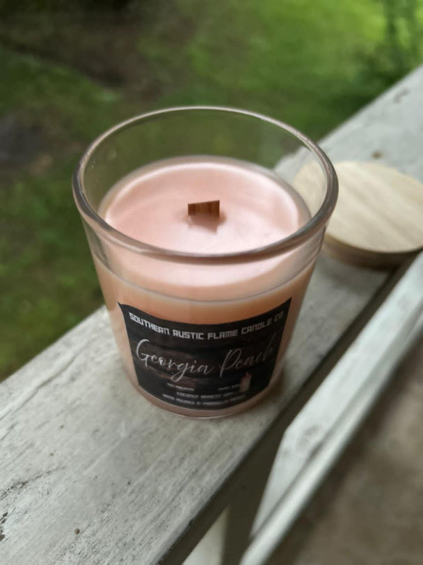 Peach Scented Candle in Straight Sided Jar – Juicy Summer Fragrance – 7oz Wooden Wick
